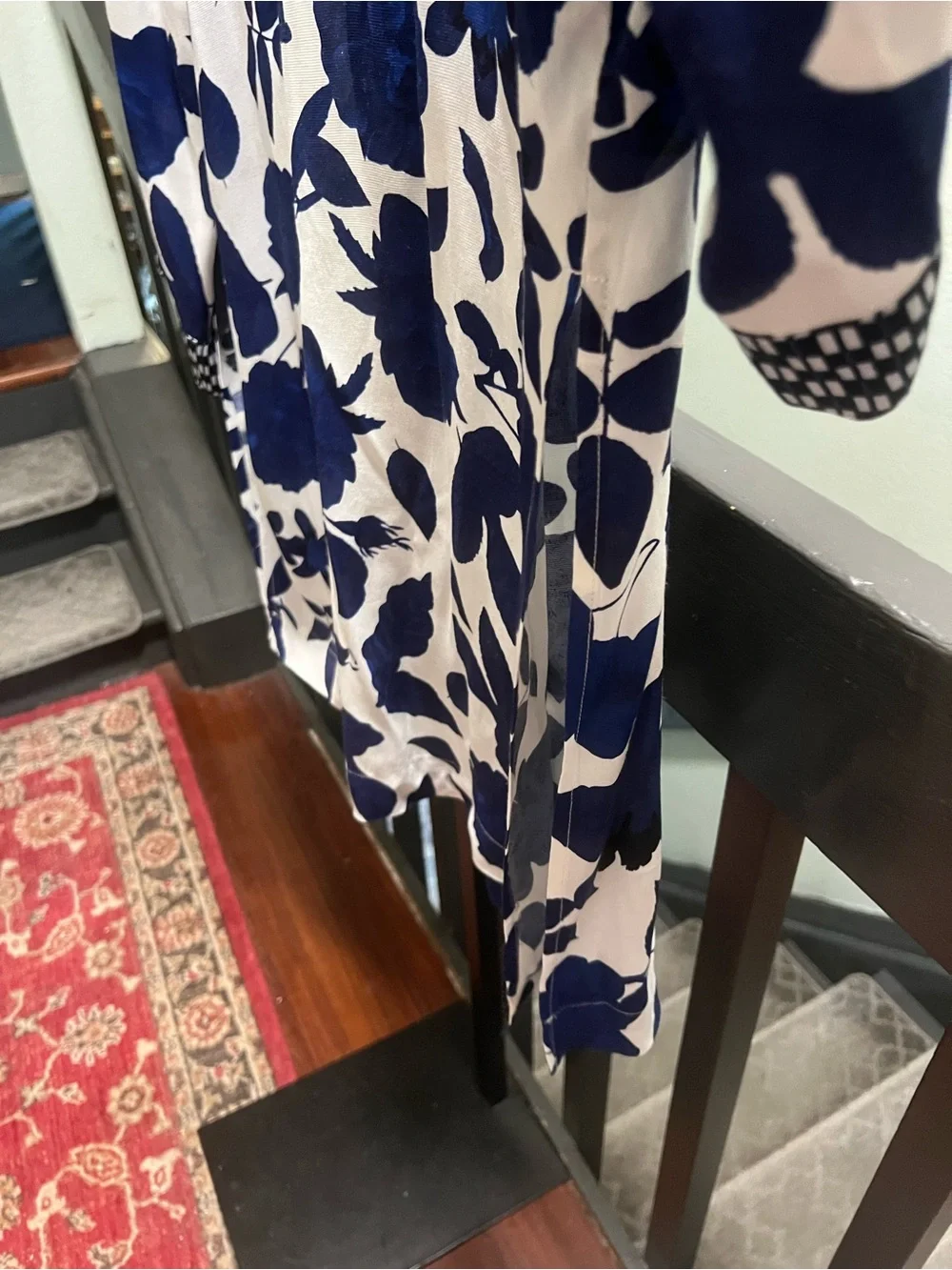 NWOT CAbi Navy and White Floral & Check Open Cardigan #369